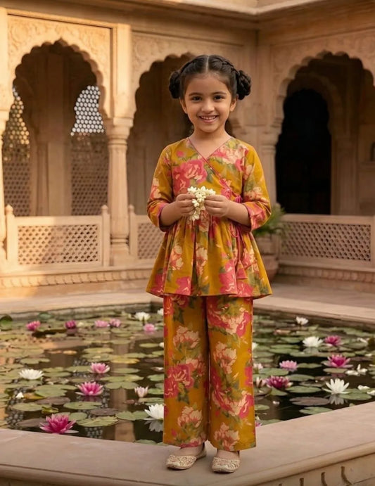 girl wearing mustard floral wrap co-ord set front view top and pants