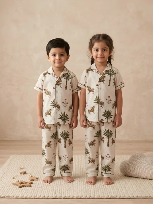 Kids white printed cotton nightsuit front view with shirt and pyjama