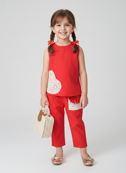 Girls Cotton Cord Set- Sleeveless Top & Pants with Lace Heart & Bow Detail