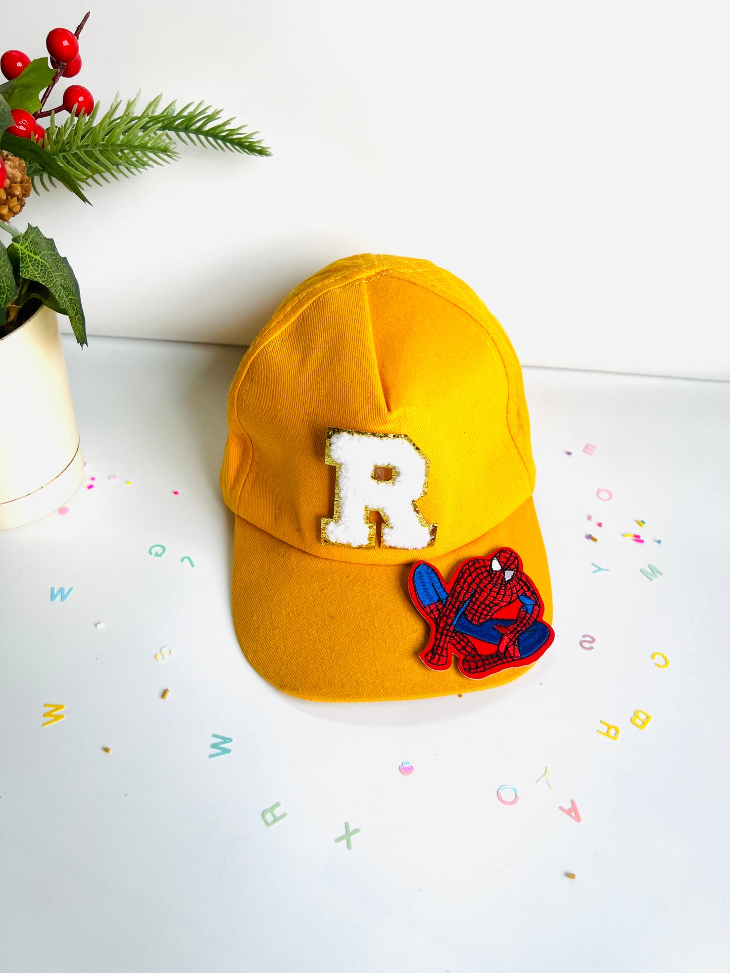 HOK Personalised Cap with Initial Gold Chenille Patches Letter Alphabet