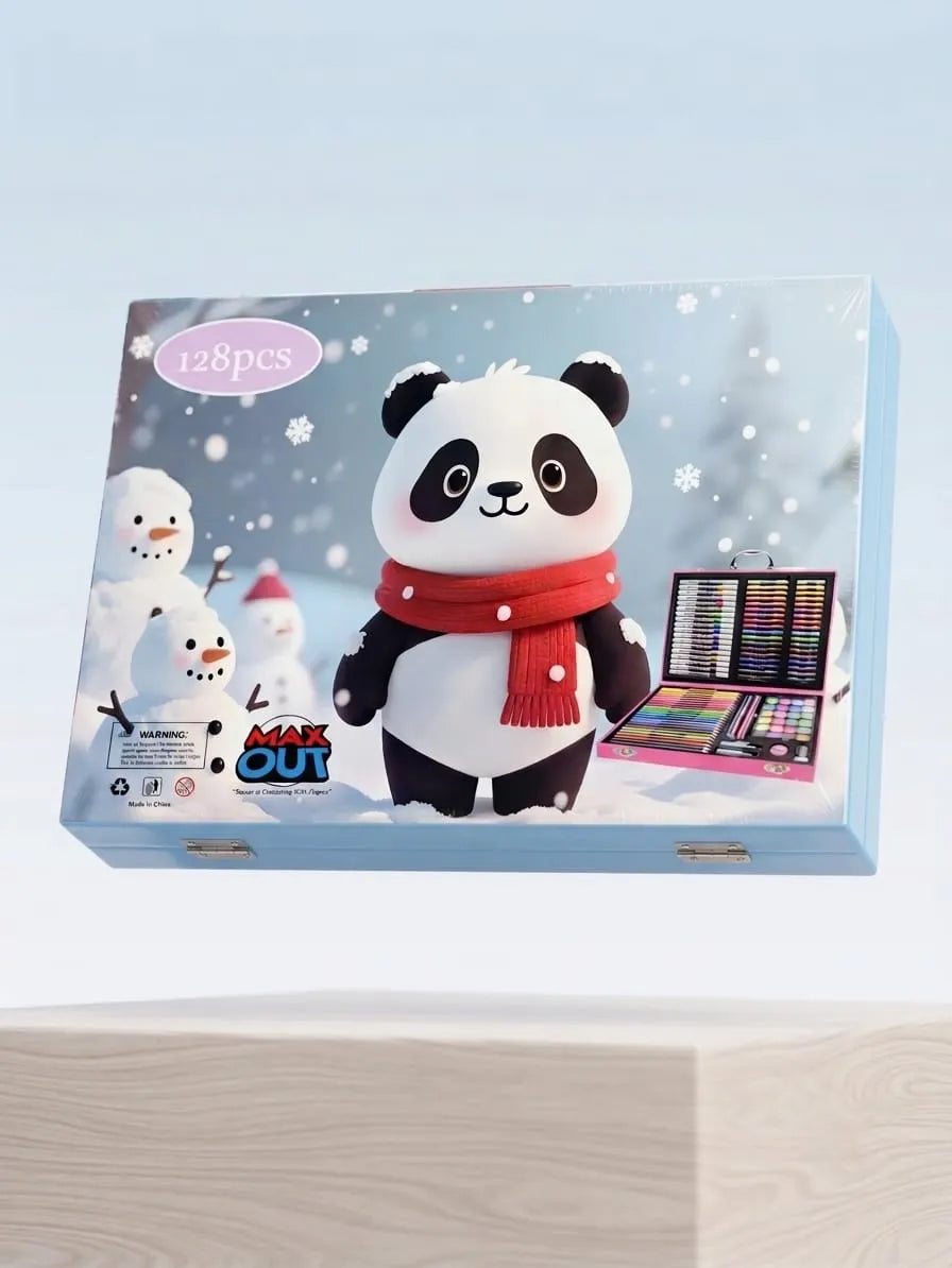 A 128-piece kids' art kit box featuring a cartoon panda wearing a red scarf in a snowy winter scene, shown floating above a light wood platform against a pale blue gradient background.