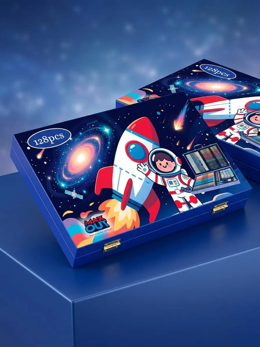 A blue rectangular gift box with a colorful space-themed illustration featuring a cartoon astronaut, rocket ship, planets, and stars. The box is shown at an angle on a blue pedestal against a dark blue starry background.