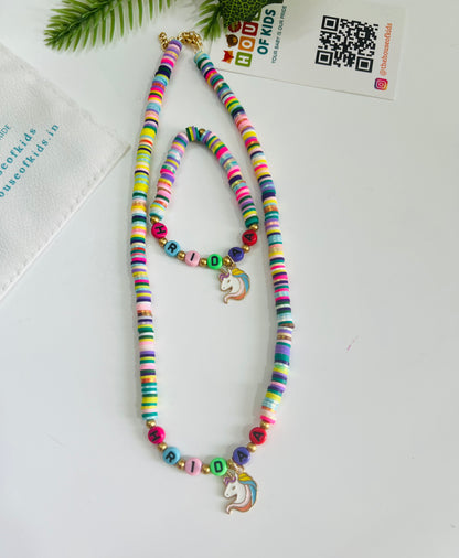 HOK Personalised Name Necklace and Bracelet Combo with Unicorn Charm