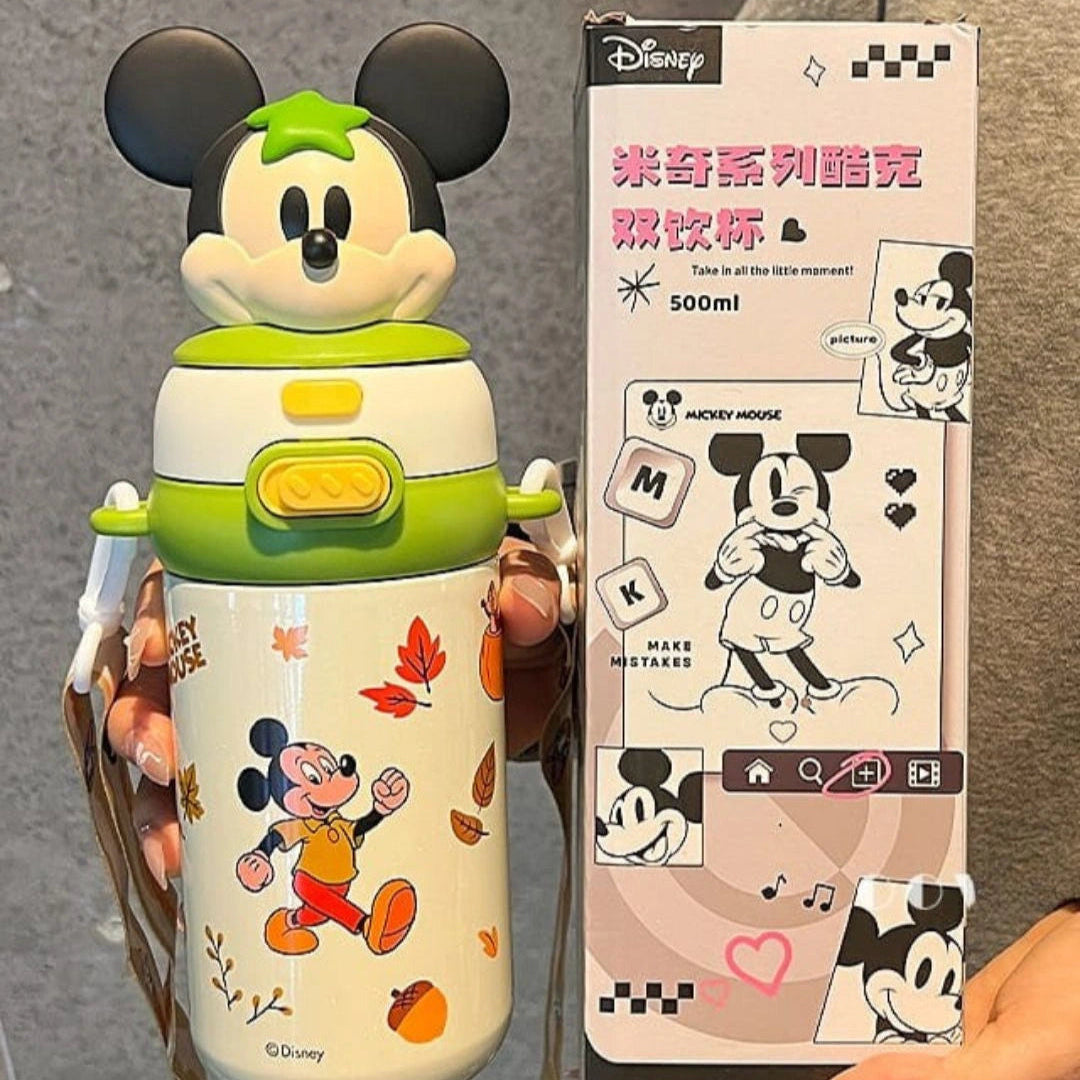 Mickey Mouse-themed water bottle with packaging on a gray background