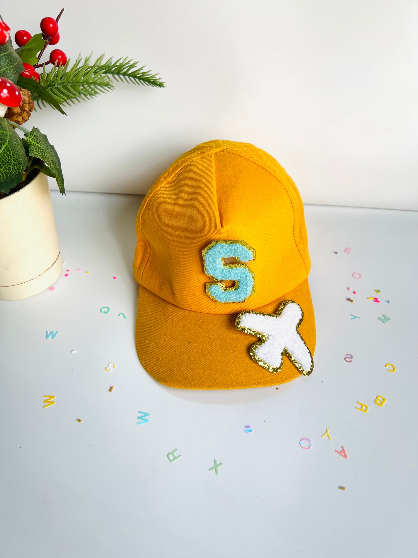 HOK Personalised Cap with Initial Gold Chenille Patches Letter Alphabet