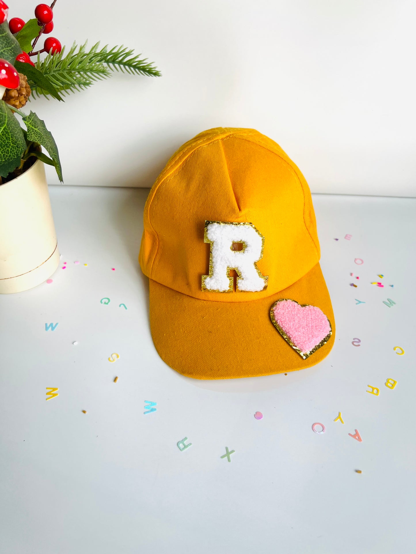 HOK Personalised Cap with Initial Gold Chenille Patches Letter Alphabet