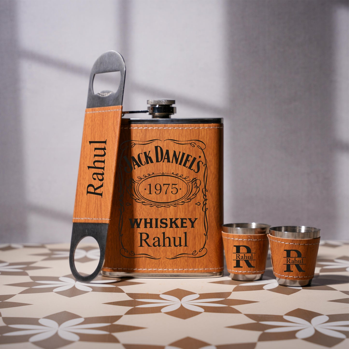 Personalised Hip Flask Set - 2 Shot Glasses and Bottle Opener- Father’s Day Special