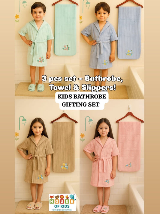 HOK 3 pcs Unique Kids Bathrobe Set - Bathrobe, Towel & Slippers