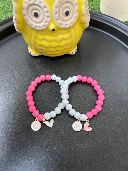 Pink and White Matching Bracelet Included Heart Charm and Initial - Set of 2