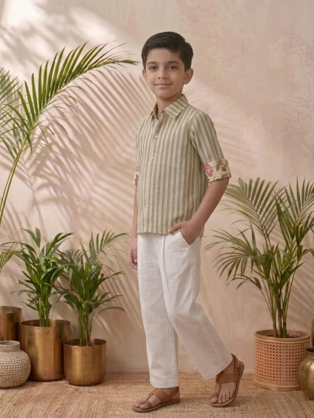 Boys Cotton Printed Striped Shirt with White Trouser