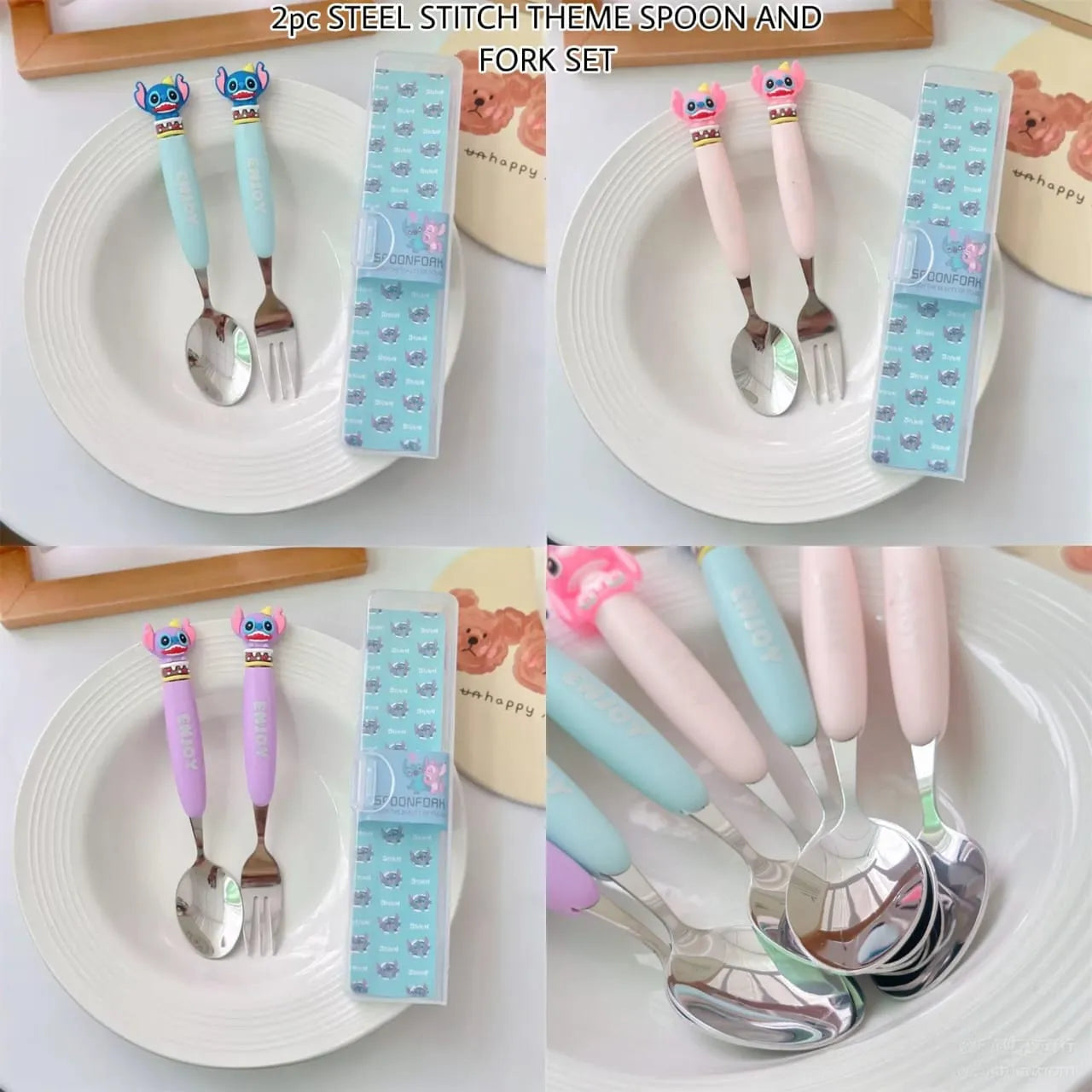 A 2-piece steel spoon and fork set with Stitch-themed handles, shown in a four-panel collage. The sets feature pastel light blue, pink, and lavender handles with embroidered character details, complete with matching patterned plastic cases, displayed on white plates.