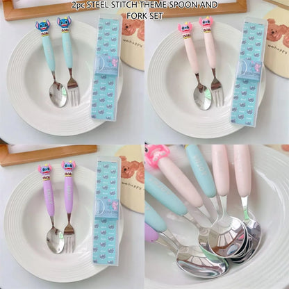 A 2-piece steel spoon and fork set with Stitch-themed handles, shown in a four-panel collage. The sets feature pastel light blue, pink, and lavender handles with embroidered character details, complete with matching patterned plastic cases, displayed on white plates.