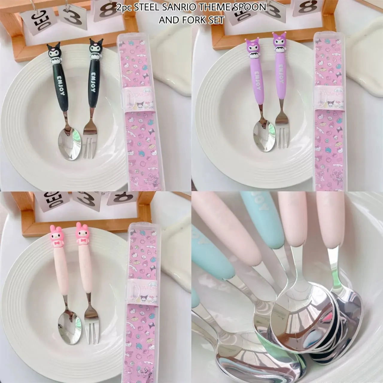 Four-panel collage showing Sanrio-themed baby cutlery sets, including spoons and forks with character handles and pink patterned packaging, displayed on white plates.