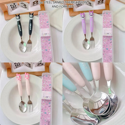 Four-panel collage showing Sanrio-themed baby cutlery sets, including spoons and forks with character handles and pink patterned packaging, displayed on white plates.