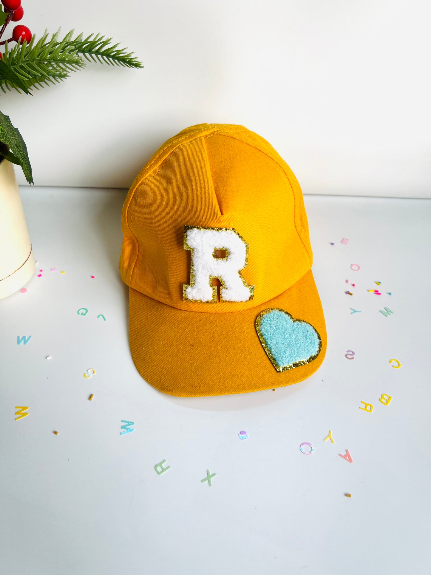 HOK Personalised Cap with Initial Gold Chenille Patches Letter Alphabet