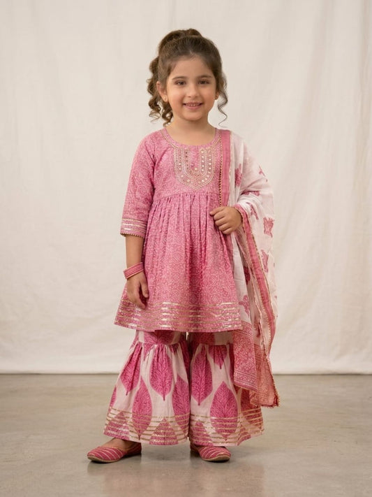 Sibling Set Leaf Print Boys Kurta Pajama with Jacket & Girls Kurti Sharara with Dupatta