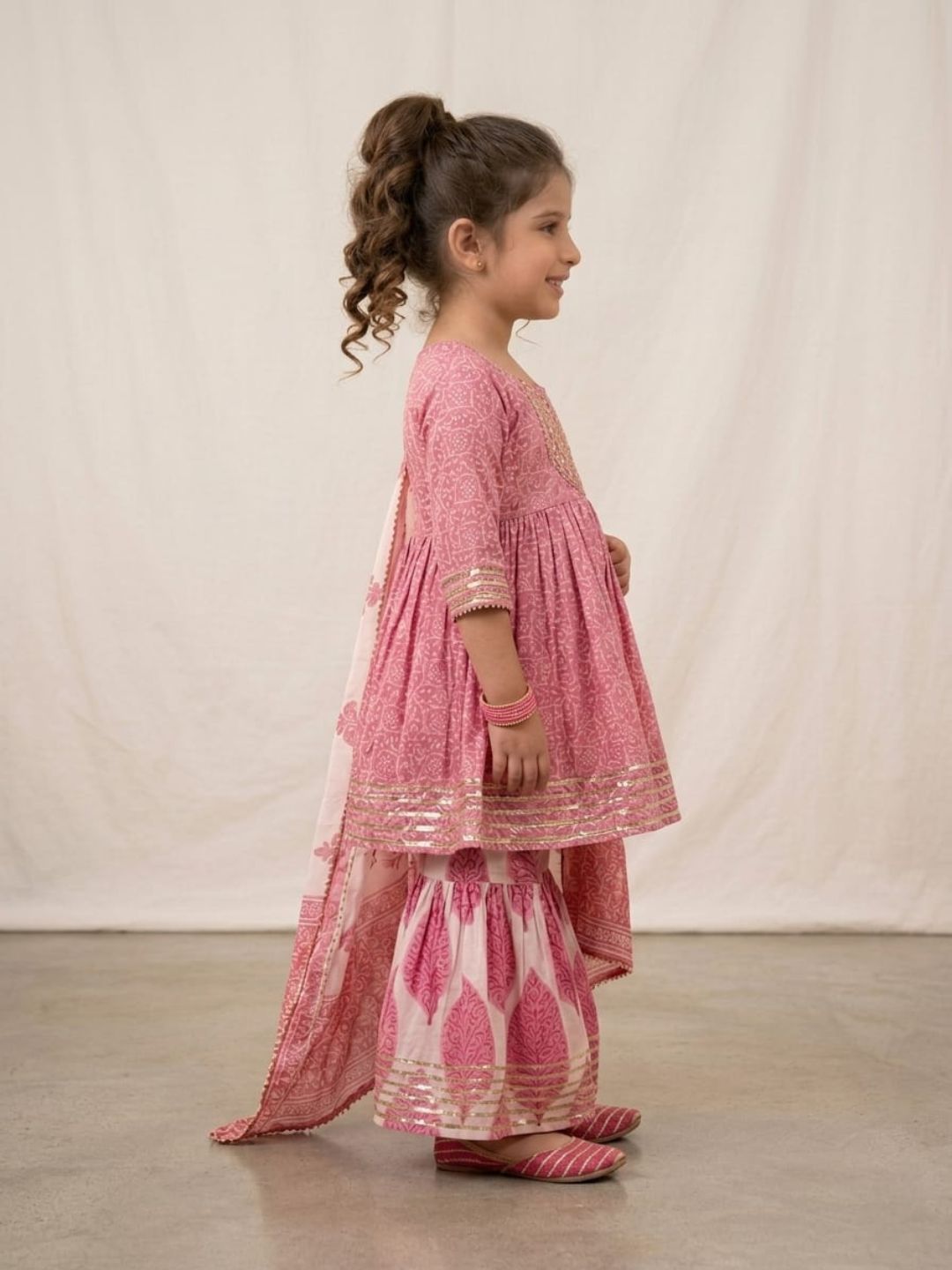 Sibling Set Leaf Print Boys Kurta Pajama with Jacket & Girls Kurti Sharara with Dupatta