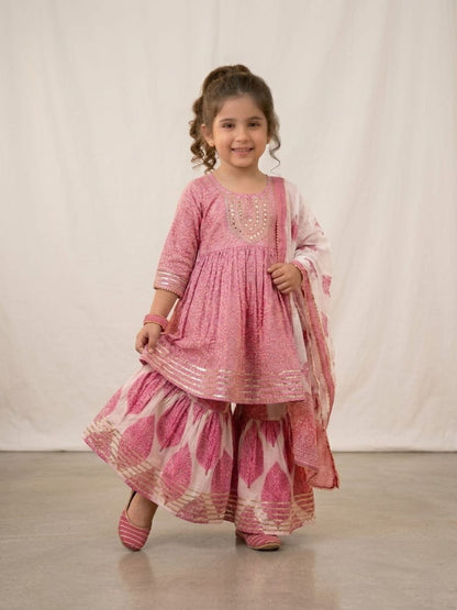 Sibling Set Leaf Print Boys Kurta Pajama with Jacket & Girls Kurti Sharara with Dupatta