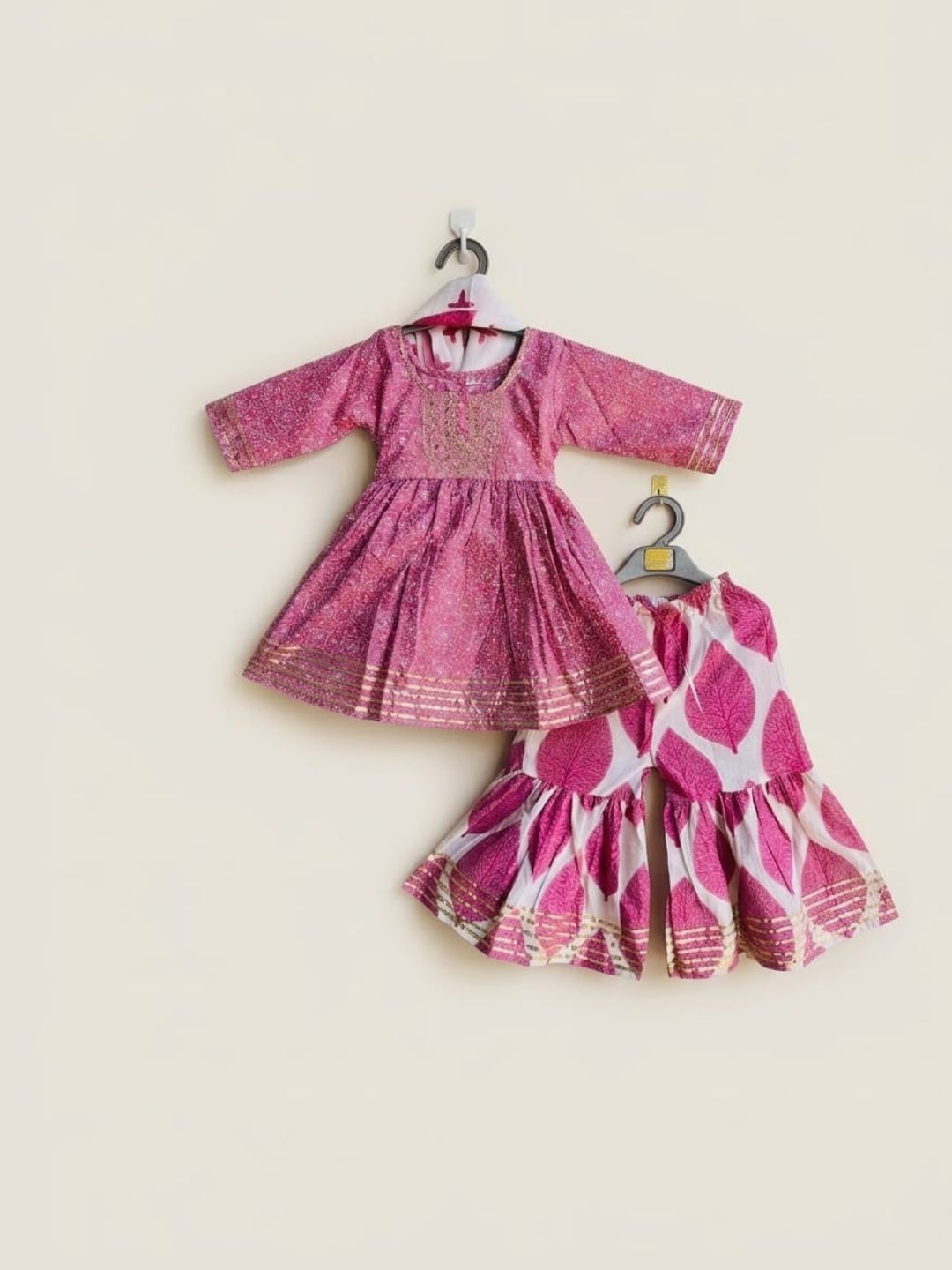 Sibling Set Leaf Print Boys Kurta Pajama with Jacket & Girls Kurti Sharara with Dupatta