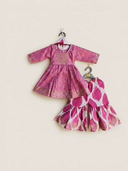Sibling Set Leaf Print Boys Kurta Pajama with Jacket & Girls Kurti Sharara with Dupatta