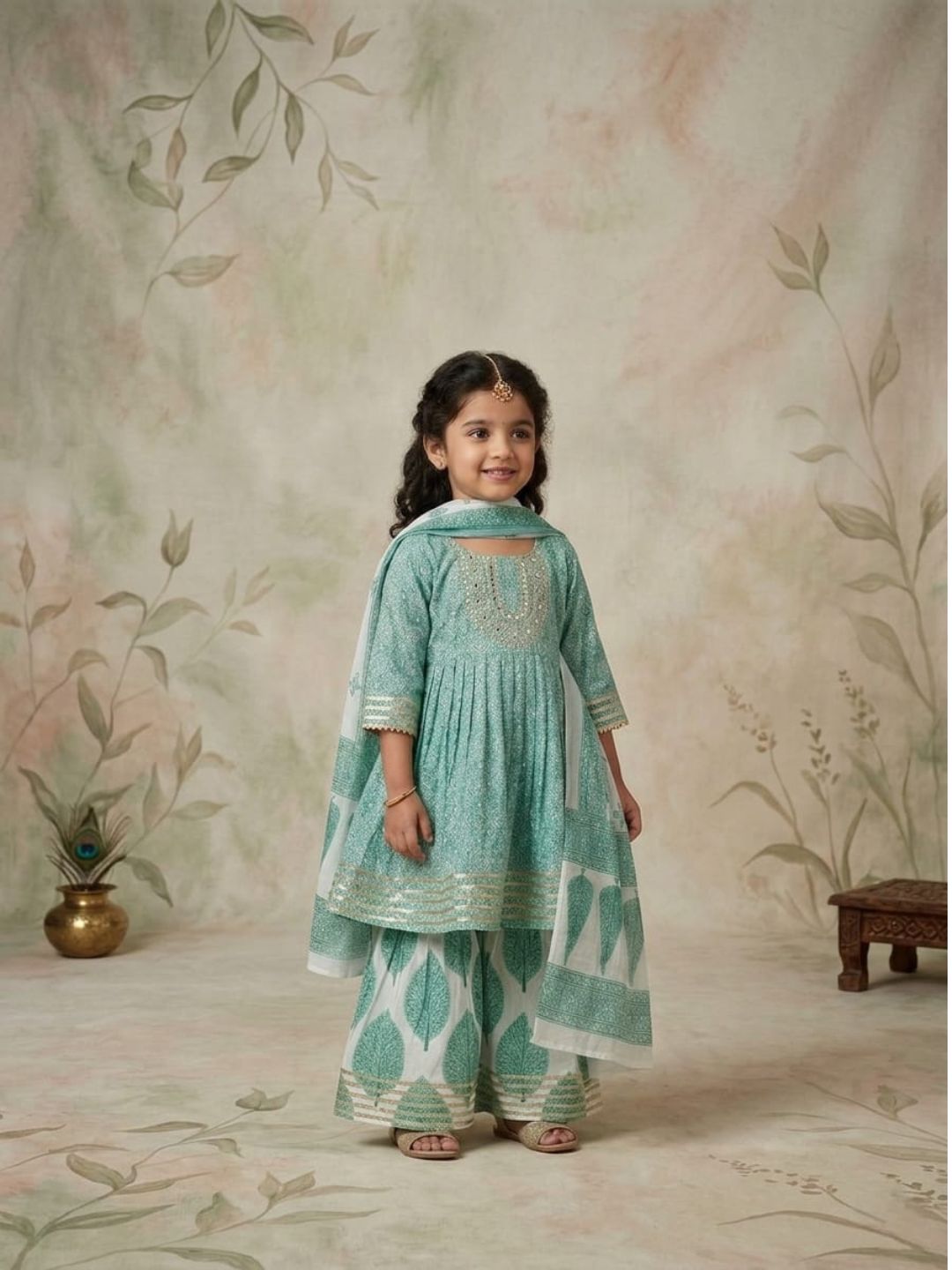 Sibling Set Leaf Print Boys Kurta Pajama with Jacket & Girls Kurti Sharara with Dupatta