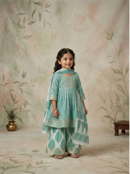Sibling Set Leaf Print Boys Kurta Pajama with Jacket & Girls Kurti Sharara with Dupatta