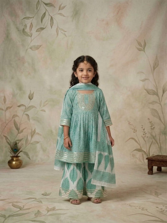 Sibling Set Leaf Print Boys Kurta Pajama with Jacket & Girls Kurti Sharara with Dupatta