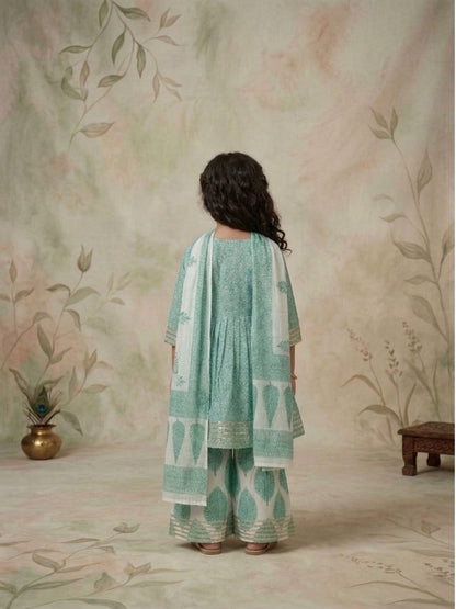 Sibling Set Leaf Print Boys Kurta Pajama with Jacket & Girls Kurti Sharara with Dupatta