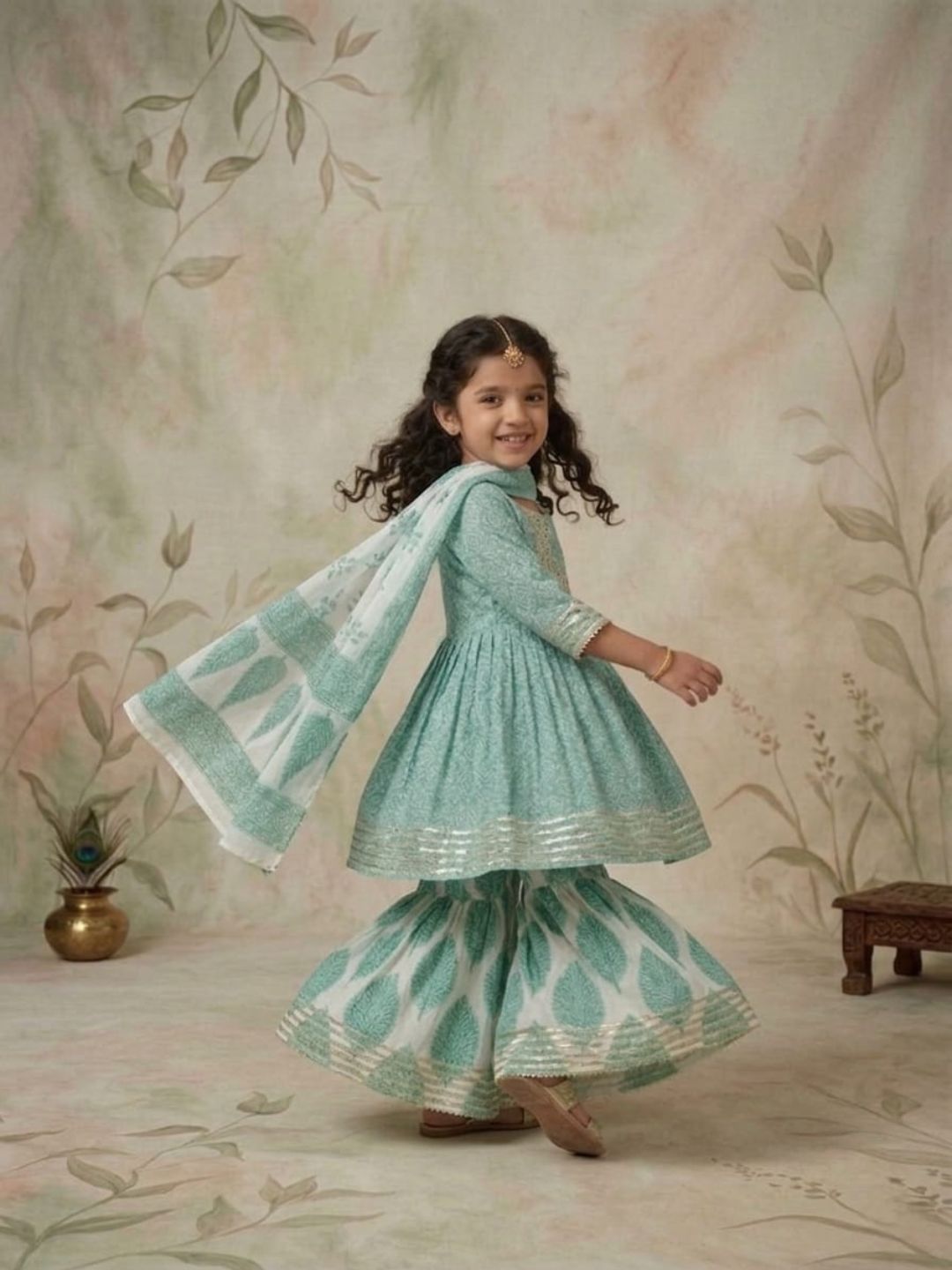 Sibling Set Leaf Print Boys Kurta Pajama with Jacket & Girls Kurti Sharara with Dupatta
