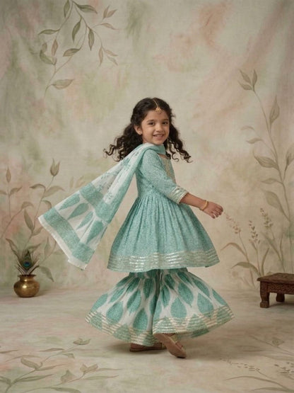 Sibling Set Leaf Print Boys Kurta Pajama with Jacket & Girls Kurti Sharara with Dupatta