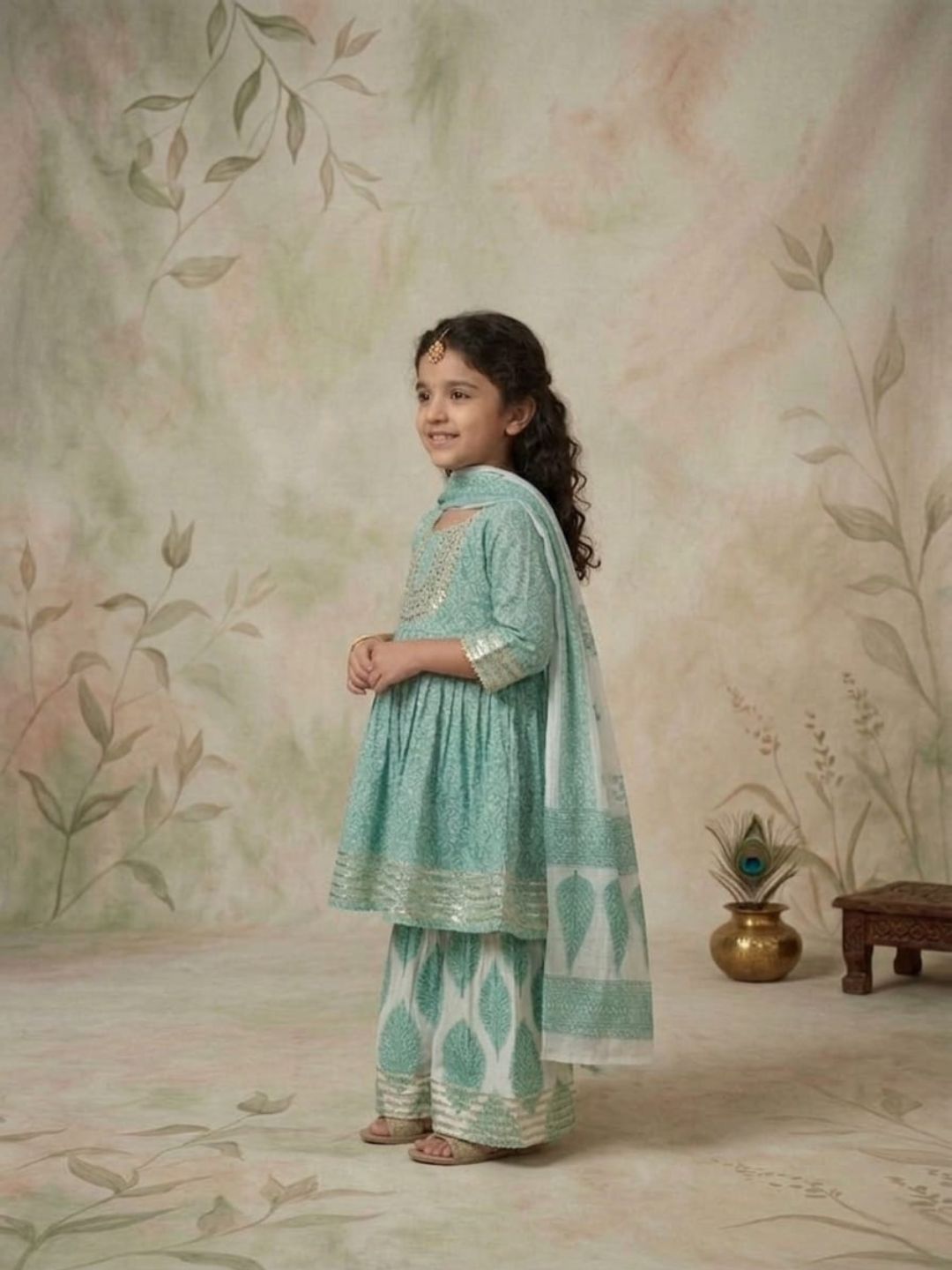 Sibling Set Leaf Print Boys Kurta Pajama with Jacket & Girls Kurti Sharara with Dupatta