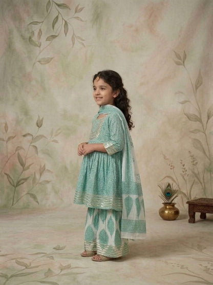 Sibling Set Leaf Print Boys Kurta Pajama with Jacket & Girls Kurti Sharara with Dupatta