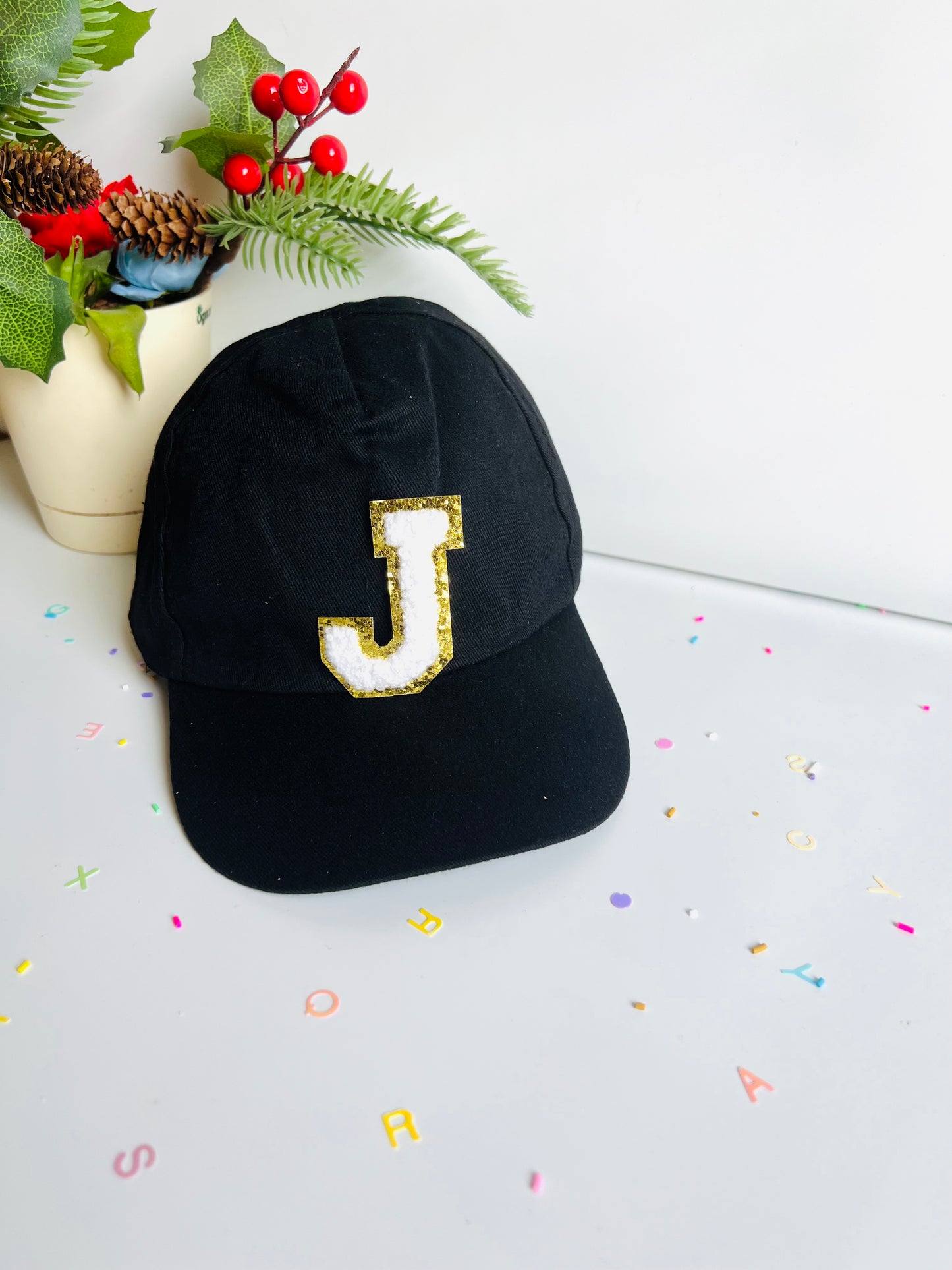 HOK Personalised Cap with Initial Gold Chenille Patches Letter Alphabet