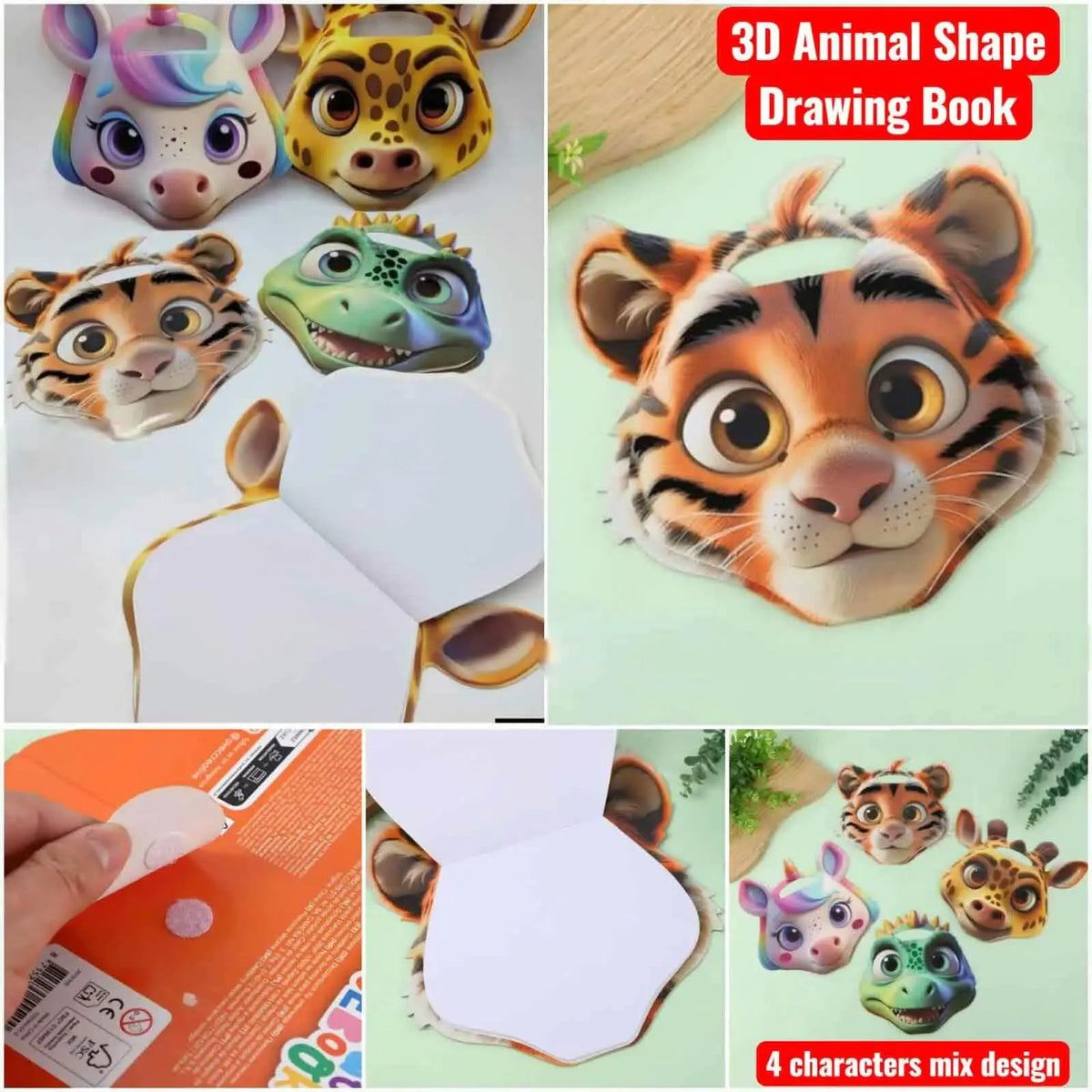 A collage showing a children's 3D animal shape drawing book with colorful animal face illustrations, including a tiger, unicorn, giraffe, and dinosaur. The collage includes panels of the book pages, a hand holding the book, and text reading '3D Animal Shape Drawing Book' and '4 characters mix design'.