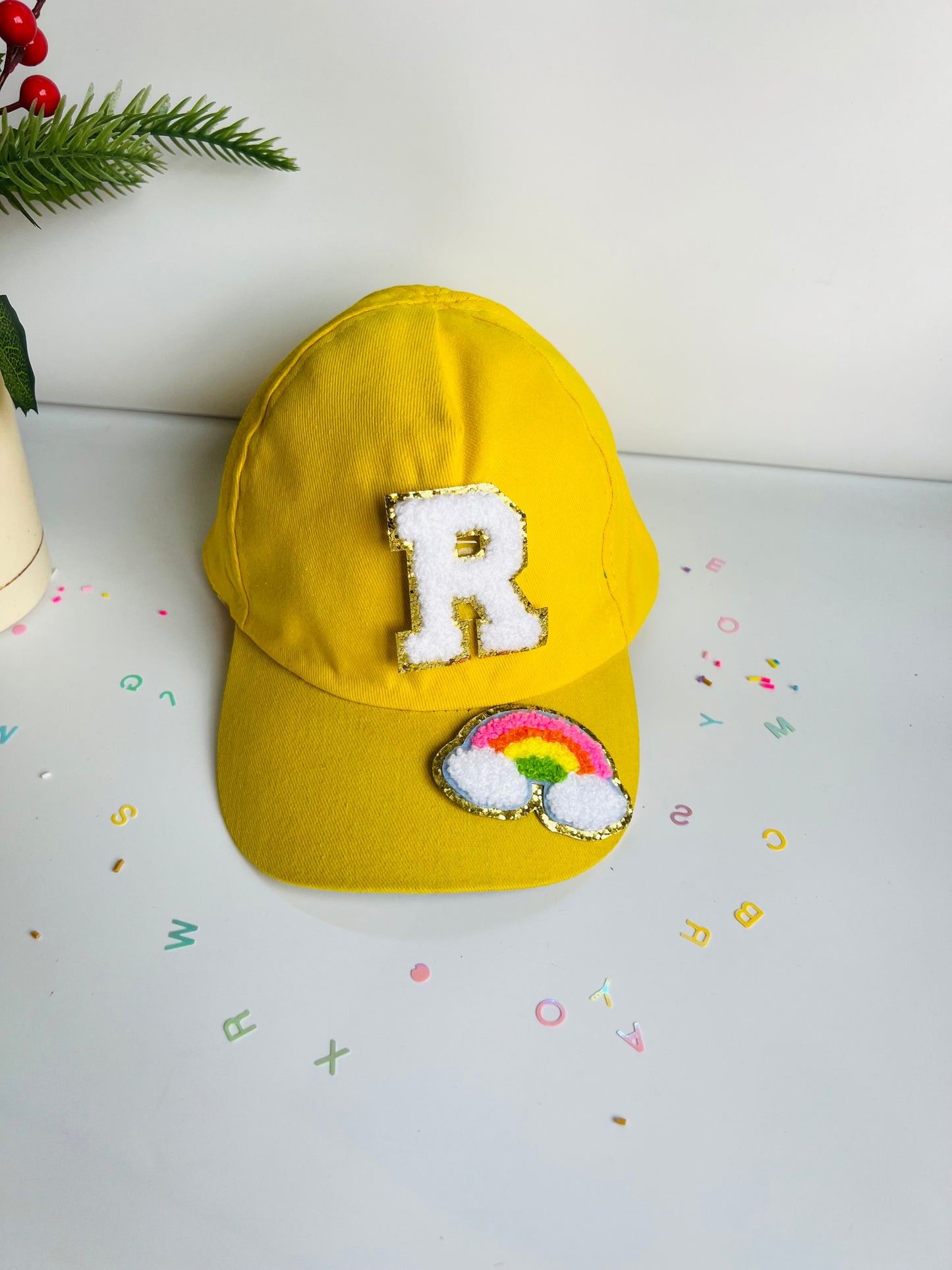 HOK Personalised Cap with Initial Gold Chenille Patches Letter Alphabet
