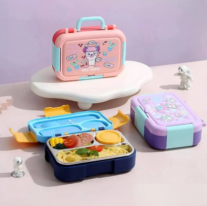 Colorful bento boxes with cartoon character on a light purple background