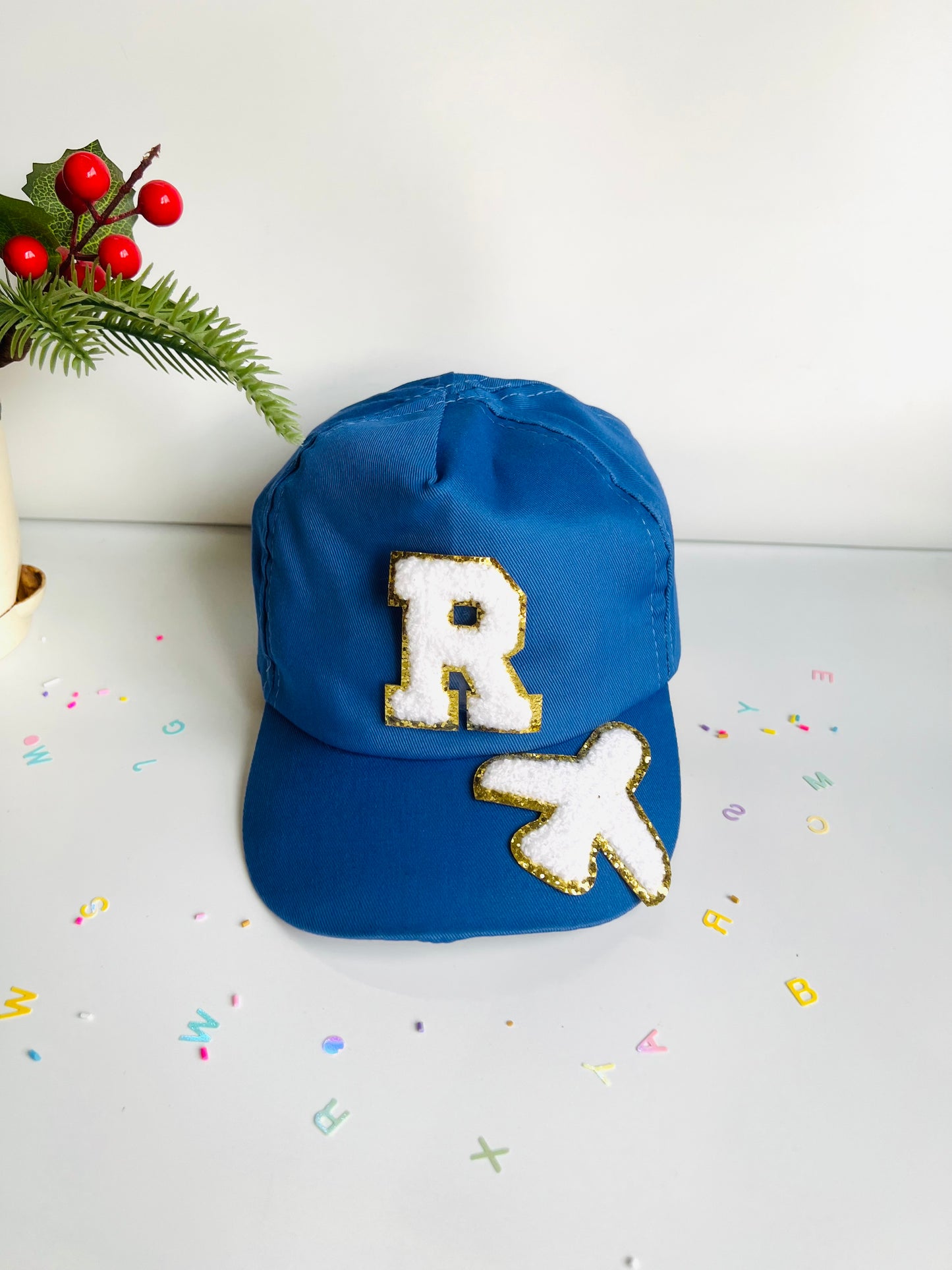 HOK Personalised Cap with Initial Gold Chenille Patches Letter Alphabet