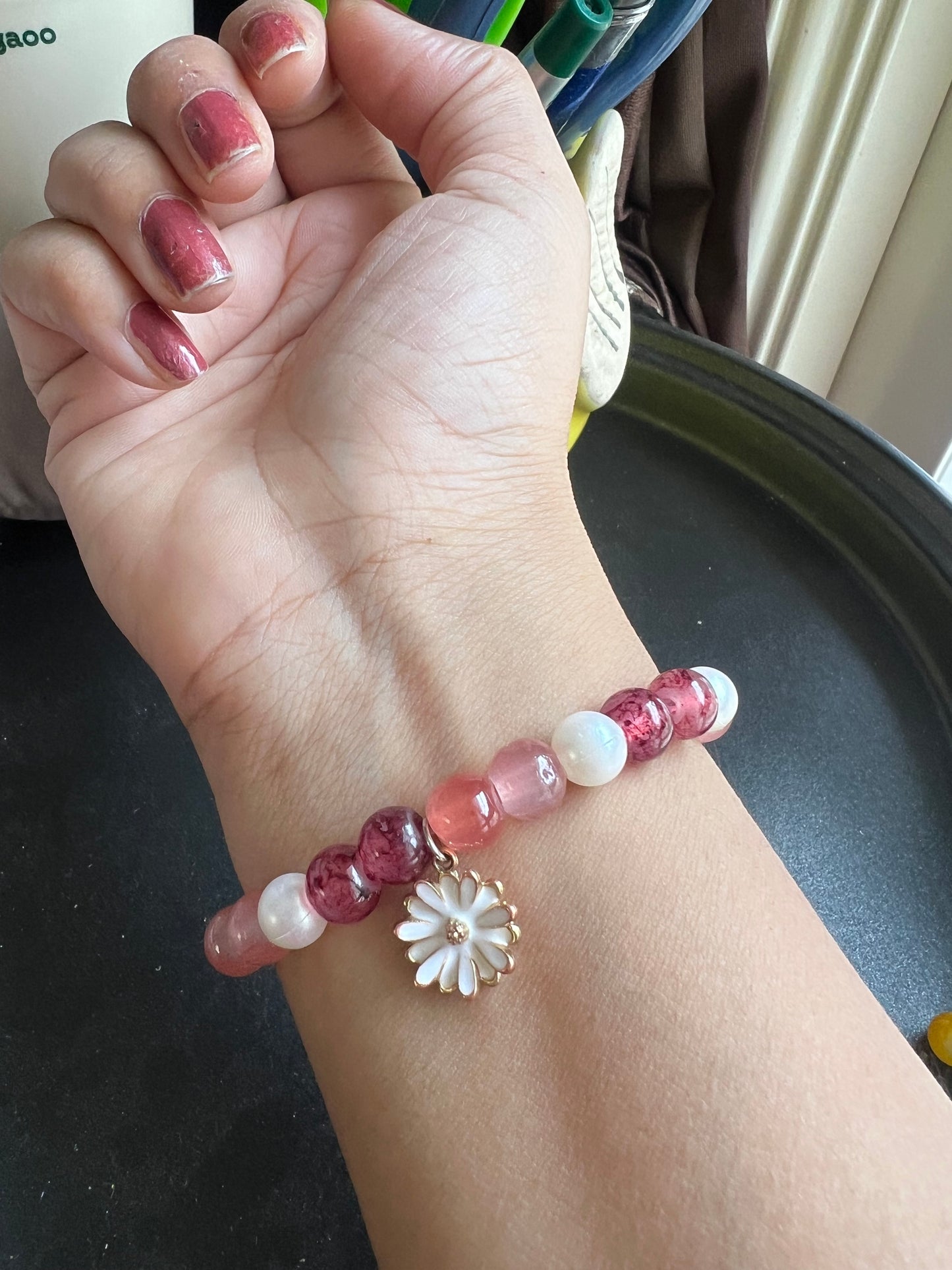 Beautiful Pearl and Glass Bead Bracelet with Flower Charm