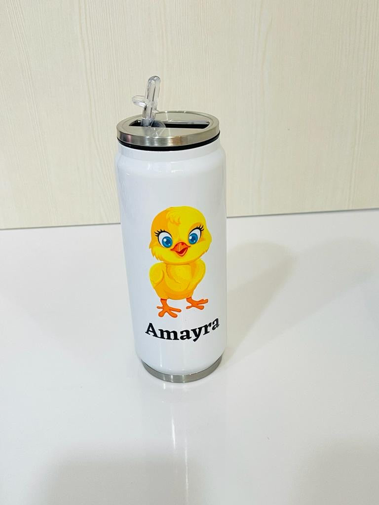 Customised Steel Can with Straw - scope of name with any cartoon/picture