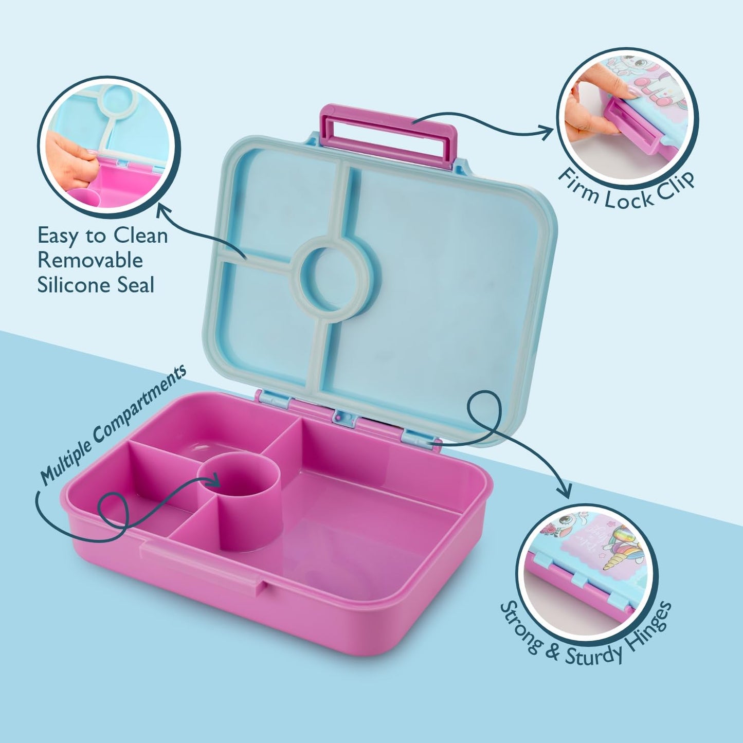 HOK Bento 4 Compartment BPA Free Food Grade Plastic Lunch Box for Kids | Unicorn Print | Leak Proof Tiffin Box | 900 ml | Pink
