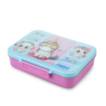 HOK Bento 4 Compartment BPA Free Food Grade Plastic Lunch Box for Kids | Unicorn Print | Leak Proof Tiffin Box | 900 ml | Pink