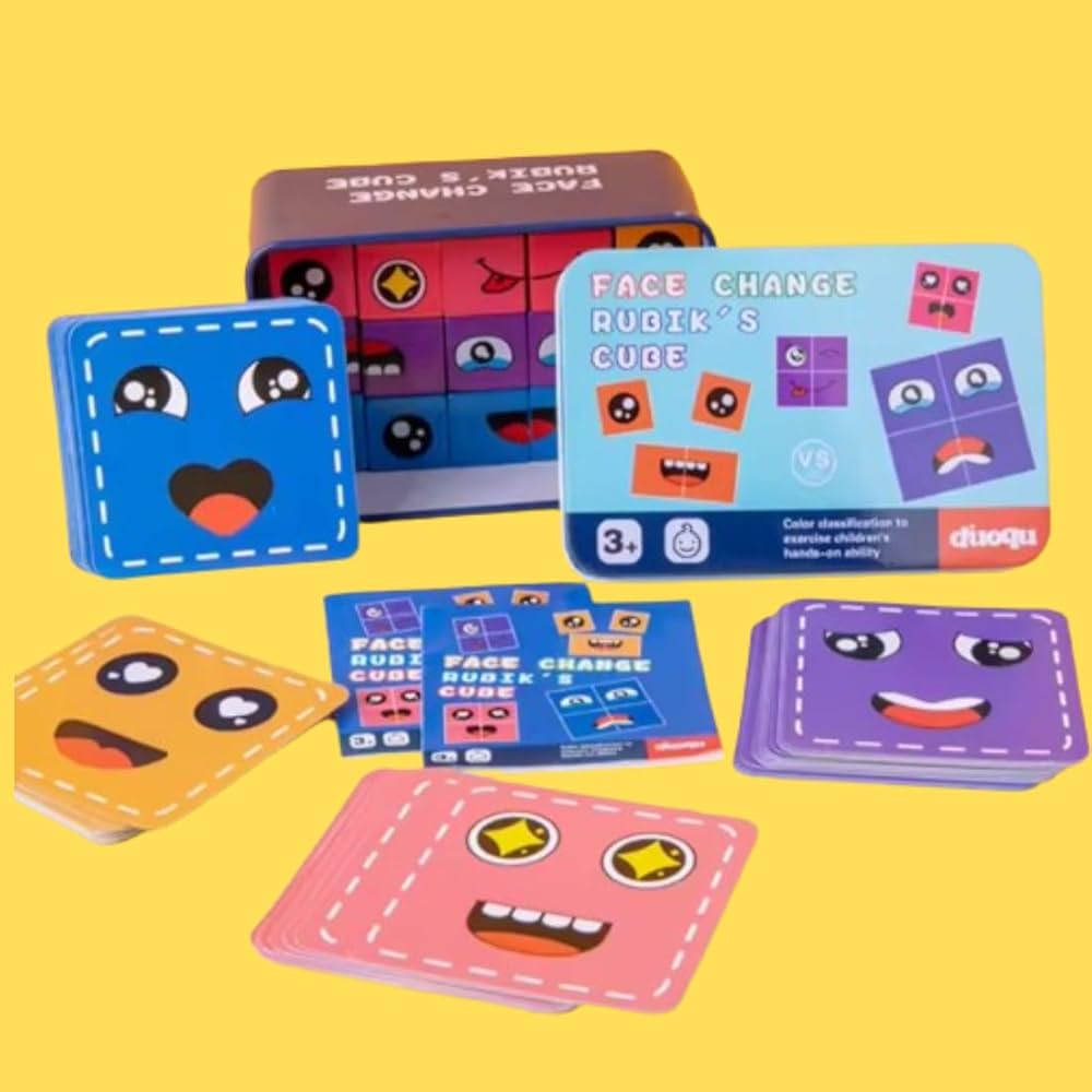 Wooden Face Change Rubik Cube Game - Expressions matching block puzzle - Logical, Educational Toys - 16 Face Blocks & 72 Playing Cards - Birthday Gift for Kids Boys Girls