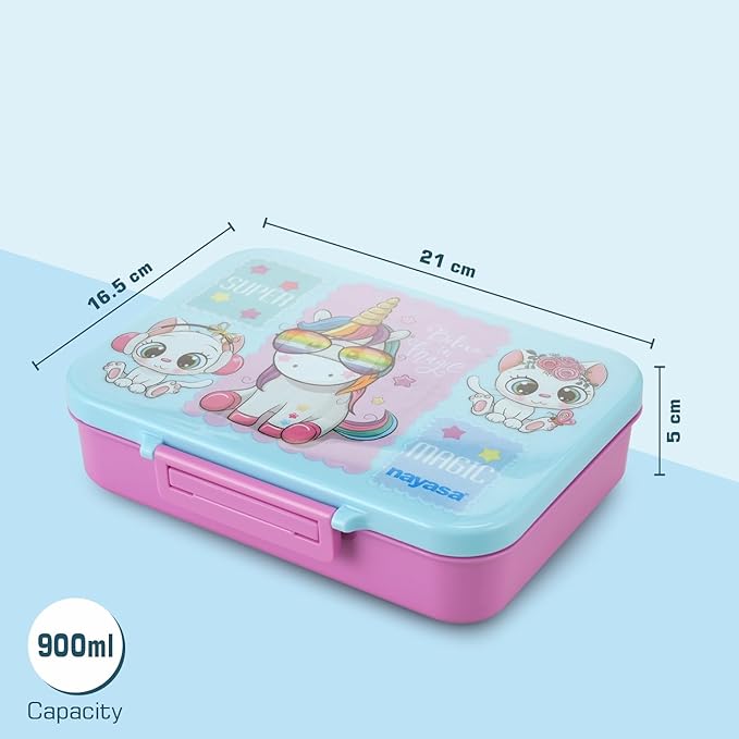 HOK Bento 4 Compartment BPA Free Food Grade Plastic Lunch Box for Kids | Unicorn Print | Leak Proof Tiffin Box | 900 ml | Pink