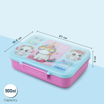 HOK Bento 4 Compartment BPA Free Food Grade Plastic Lunch Box for Kids | Unicorn Print | Leak Proof Tiffin Box | 900 ml | Pink