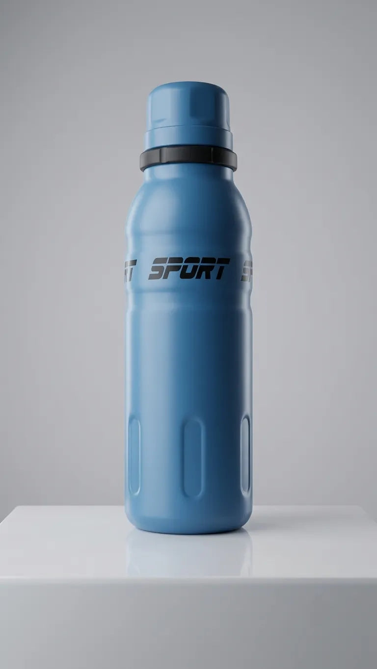 A matte blue insulated water bottle with a black band around the neck and a black 'SPORT' logo printed on the front, standing on a white platform against a light gray background.