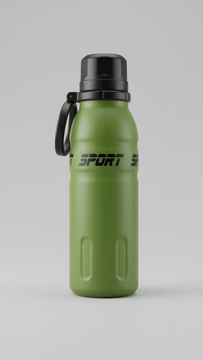 An olive green insulated water bottle with a black screw-on lid and carrying loop, featuring the text 'SPORT' printed in black on the front, set against a neutral gray background.