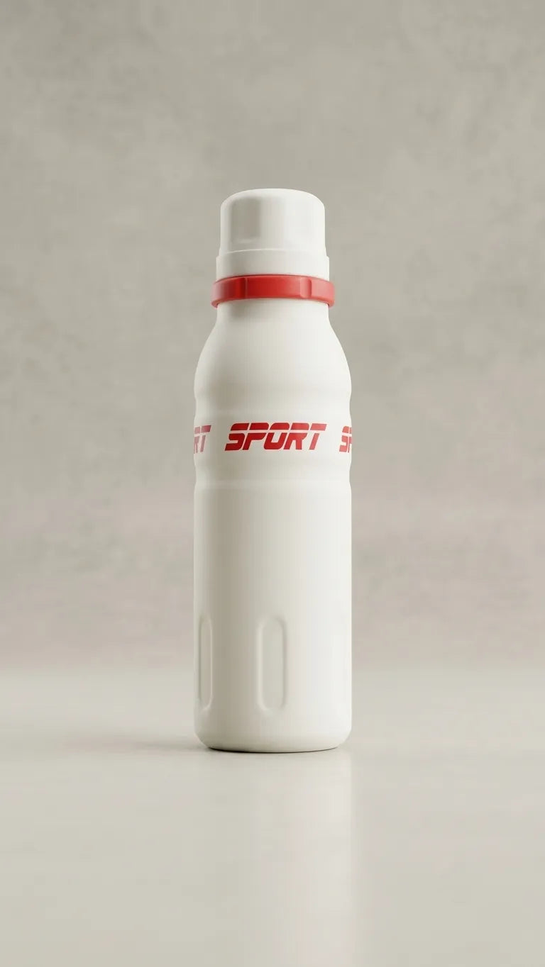 A white insulated bottle with a white cap and a red band around the neck, featuring red 'SPORT' branding on the front, set against a neutral gray background.