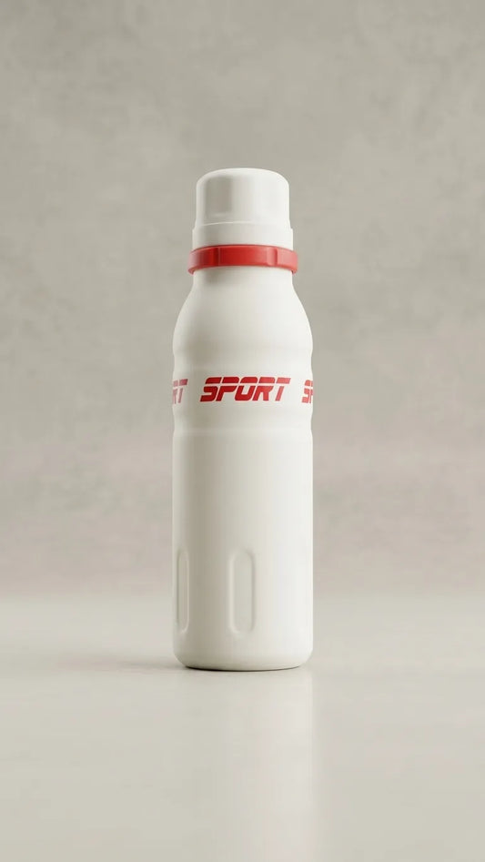 A white insulated bottle with a white cap and a red band around the neck, featuring red 'SPORT' branding on the front, set against a neutral gray background.