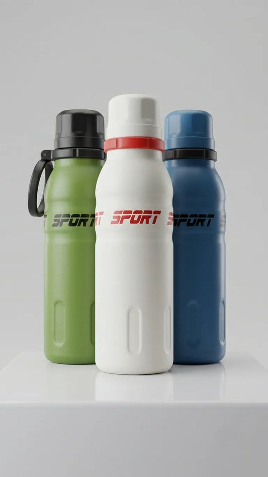 Three insulated water bottles with 'SPORT' branding, standing on a white surface against a light gray background. The bottles are green, white, and blue, with black, red, and white accents on their caps and bodies.