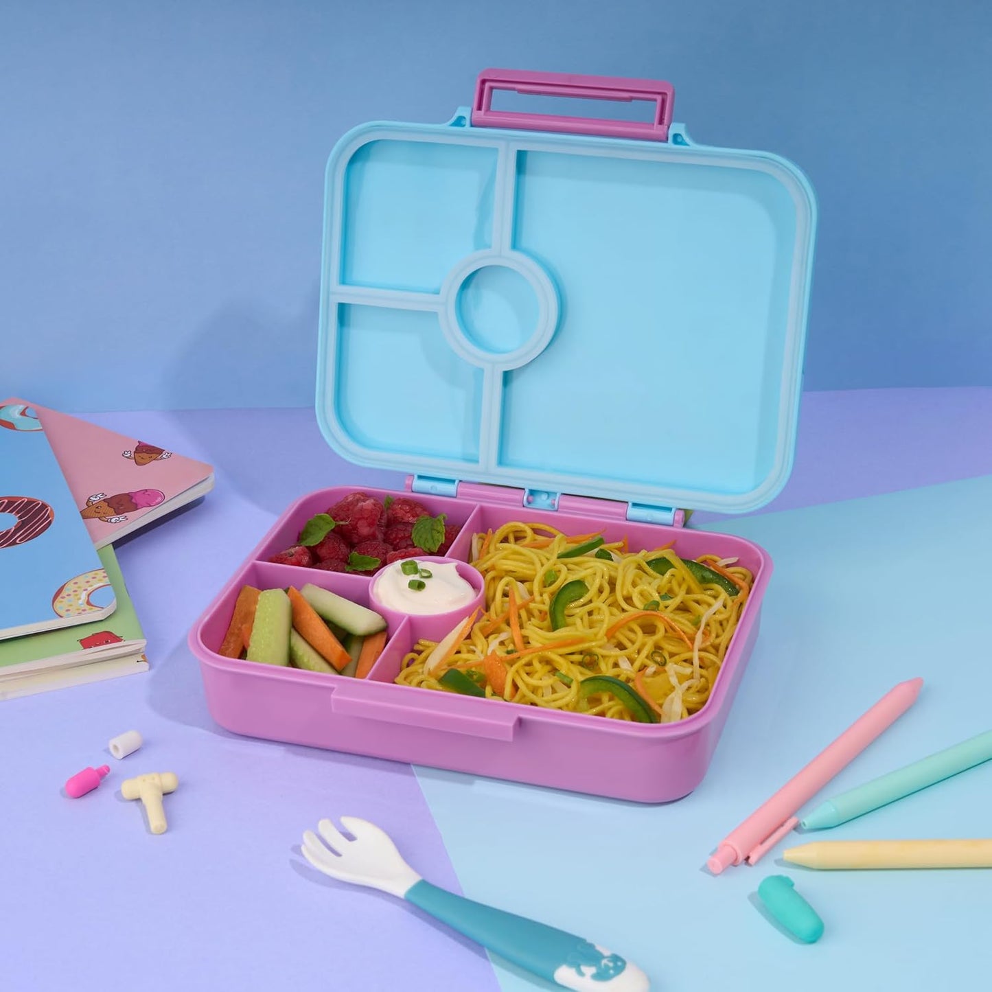 HOK Bento 4 Compartment BPA Free Food Grade Plastic Lunch Box for Kids | Unicorn Print | Leak Proof Tiffin Box | 900 ml | Pink